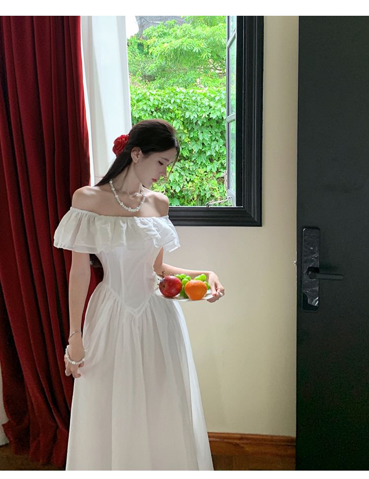 Off-Shoulder Ruffle Maxi Plain A-Line Ruched Short-Sleeve Dress Trim