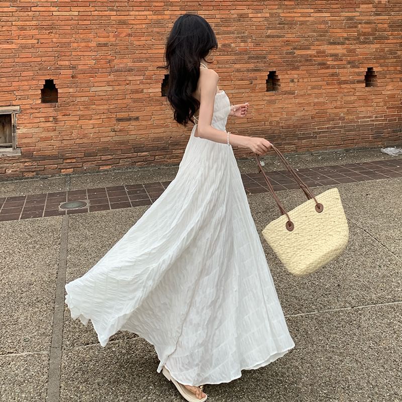 Back Neck Spaghetti Crinkle Strap Square Plain Maxi Dress A-Line Open