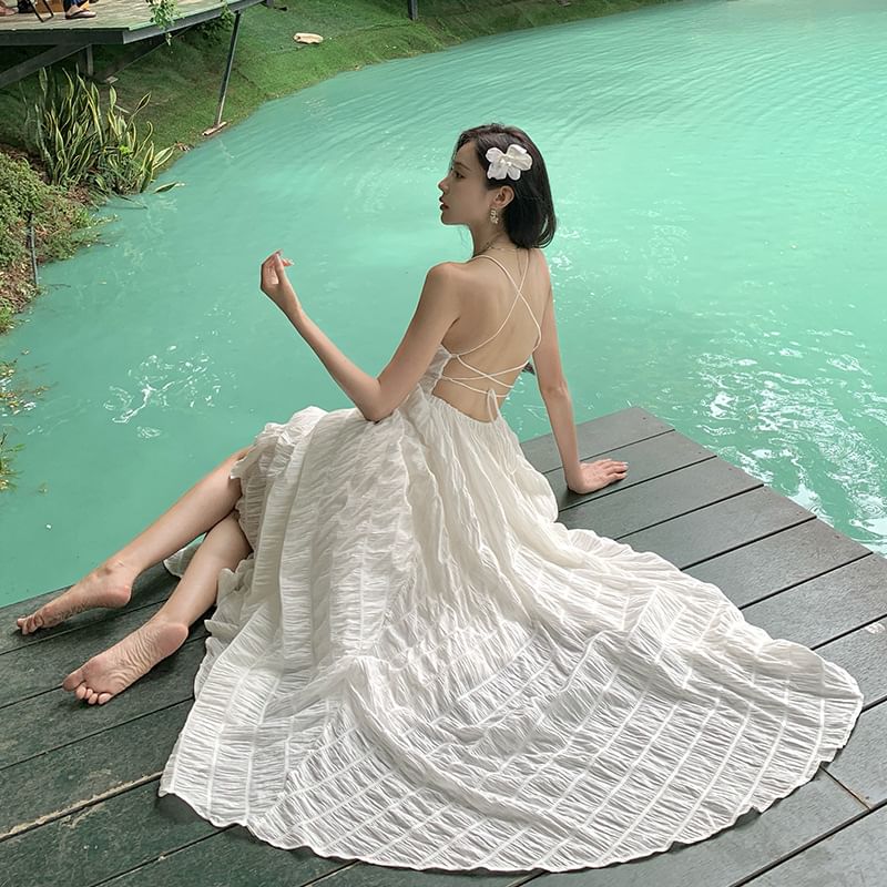 Back Neck Spaghetti Crinkle Strap Square Plain Maxi Dress A-Line Open