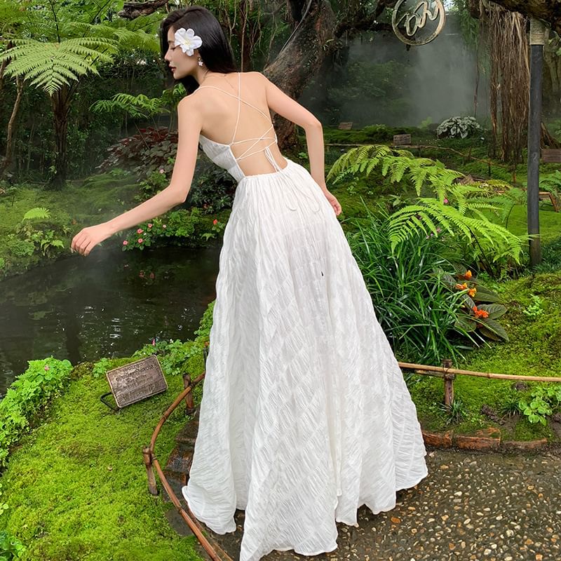 Back Neck Spaghetti Crinkle Strap Square Plain Maxi Dress A-Line Open