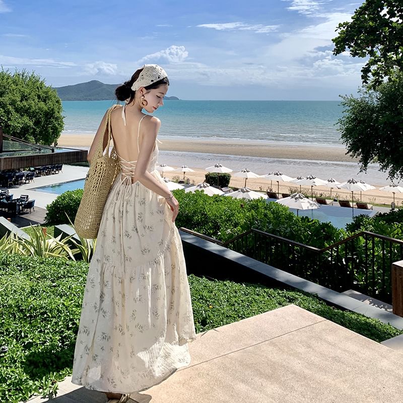 Neck Square Open Back Spaghetti Accent Floral A-Line Dress Maxi Strap Bow Print