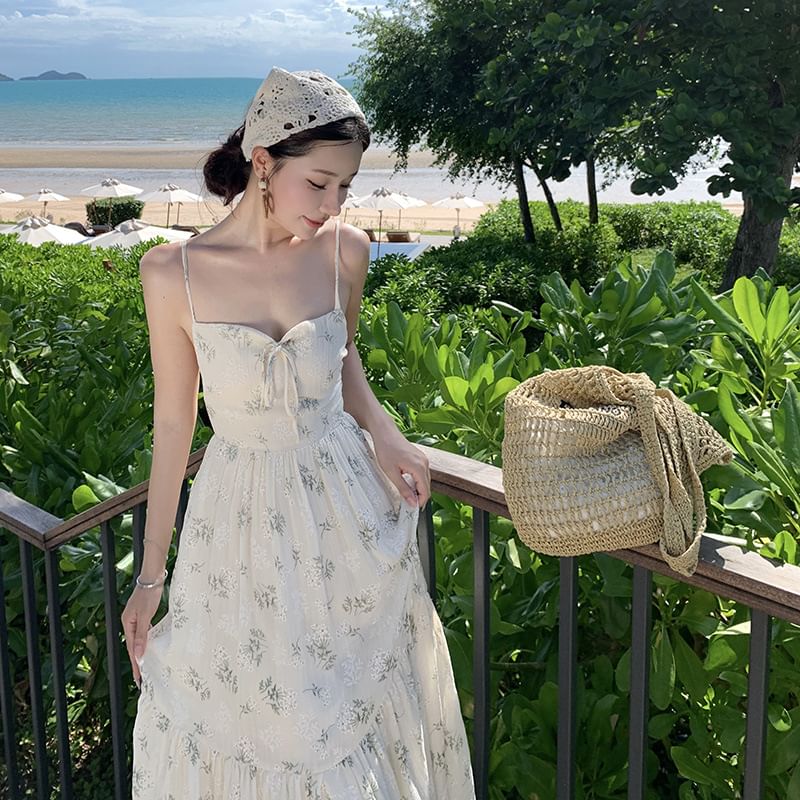 Neck Square Open Back Spaghetti Accent Floral A-Line Dress Maxi Strap Bow Print