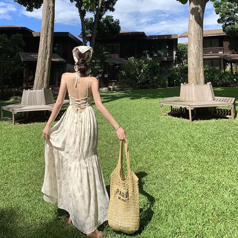 Neck Square Open Back Spaghetti Accent Floral A-Line Dress Maxi Strap Bow Print