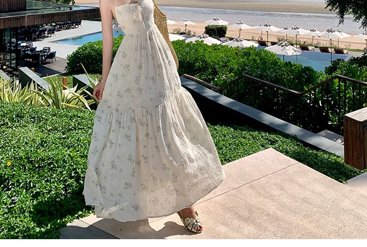 Neck Square Open Back Spaghetti Accent Floral A-Line Dress Maxi Strap Bow Print