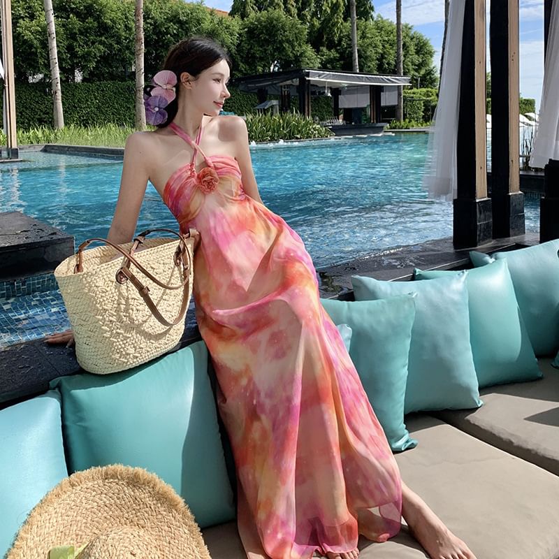 Dress Ruched Floral Neck Halter Open Dye A-Line Back Maxi Accent Tie