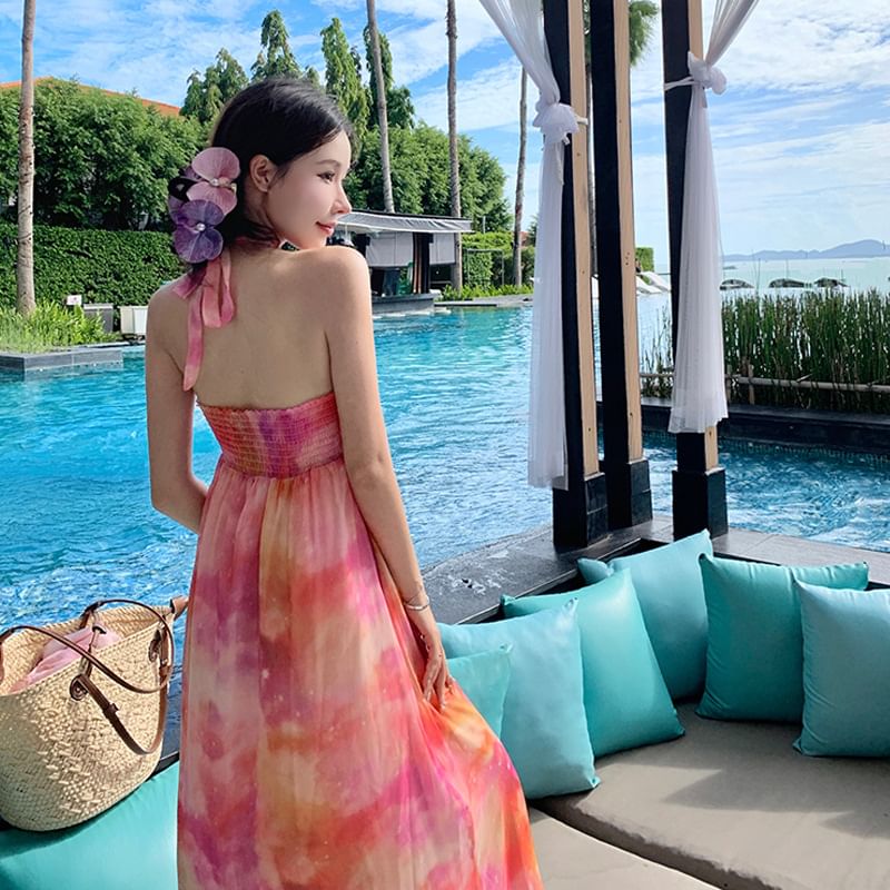 Dress Ruched Floral Neck Halter Open Dye A-Line Back Maxi Accent Tie