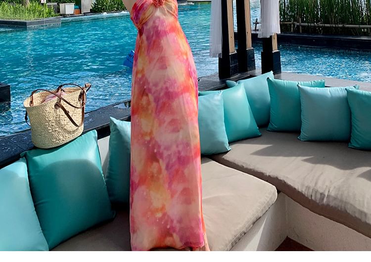 Dress Ruched Floral Neck Halter Open Dye A-Line Back Maxi Accent Tie