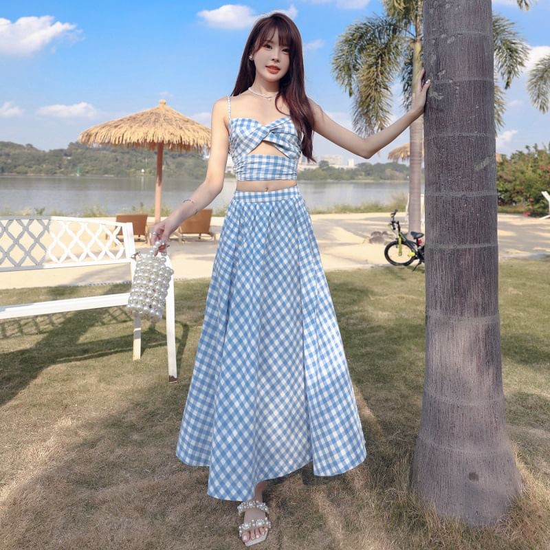 Crop Skirt V-Neck Waist High Midi A-Line Set: Camisole Open Gingham + Back Ruched Cutout Top