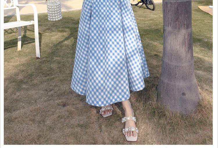 Crop Skirt V-Neck Waist High Midi A-Line Set: Camisole Open Gingham + Back Ruched Cutout Top