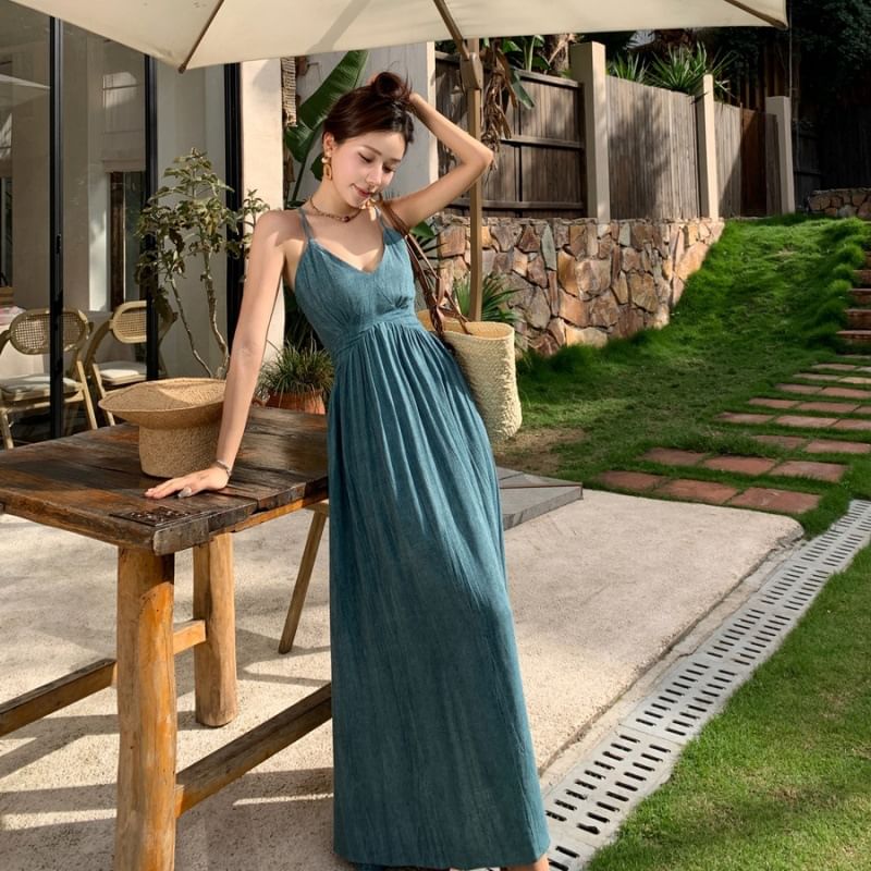 Maxi A-Line Spaghetti Strap Tie Dye Ruched Back V-Neck Open Dress