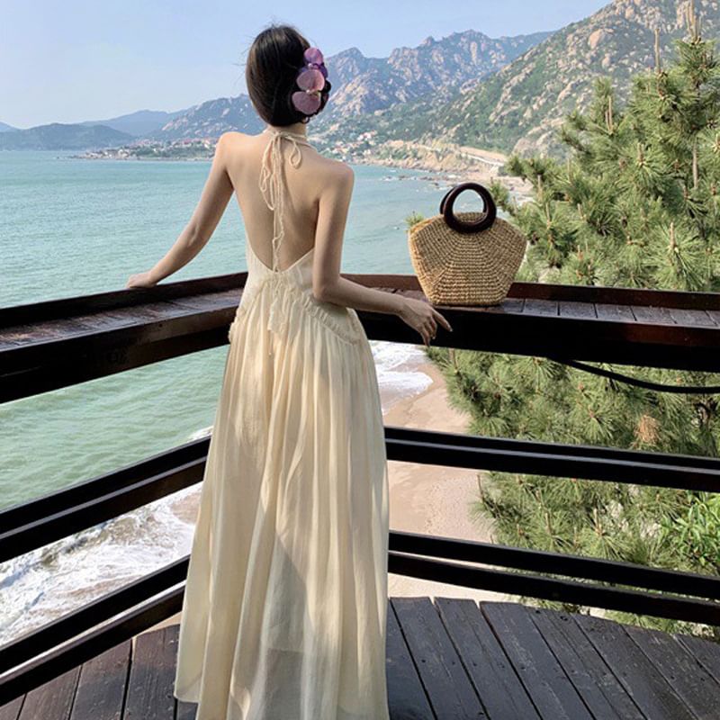 Plain Ruched A-Line Open Frill Maxi Back Dress Halter V-Neck Trim