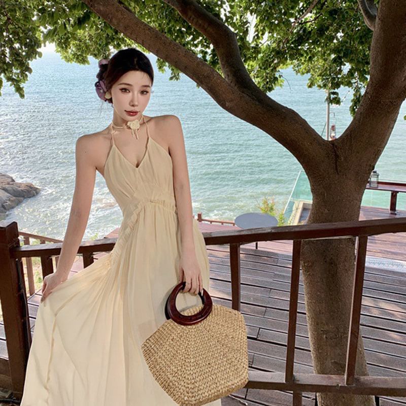 Plain Ruched A-Line Open Frill Maxi Back Dress Halter V-Neck Trim