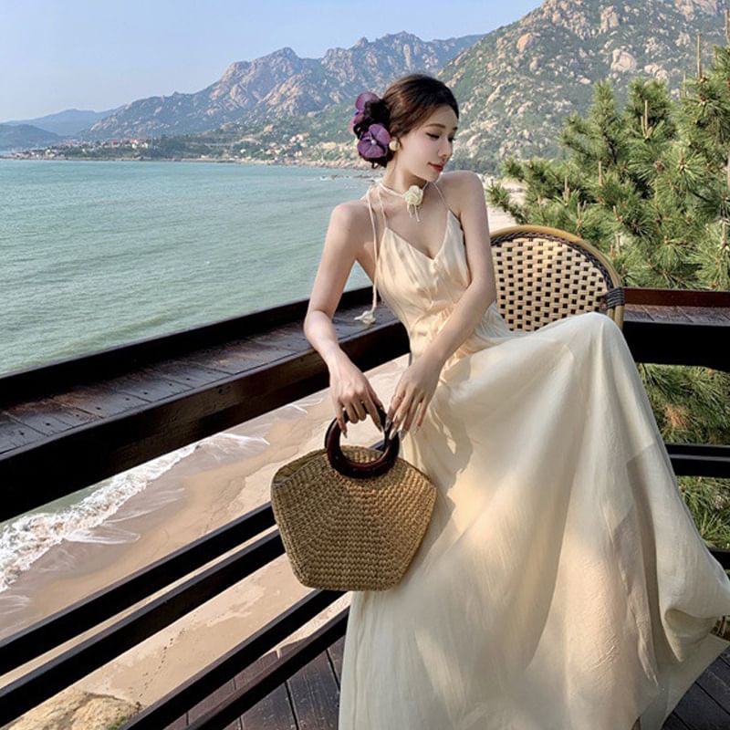 Plain Ruched A-Line Open Frill Maxi Back Dress Halter V-Neck Trim