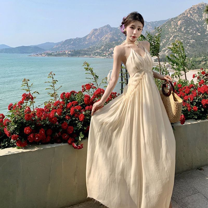 Plain Ruched A-Line Open Frill Maxi Back Dress Halter V-Neck Trim