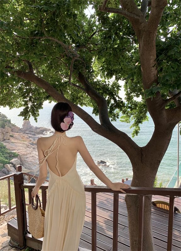 Plain Ruched A-Line Open Frill Maxi Back Dress Halter V-Neck Trim