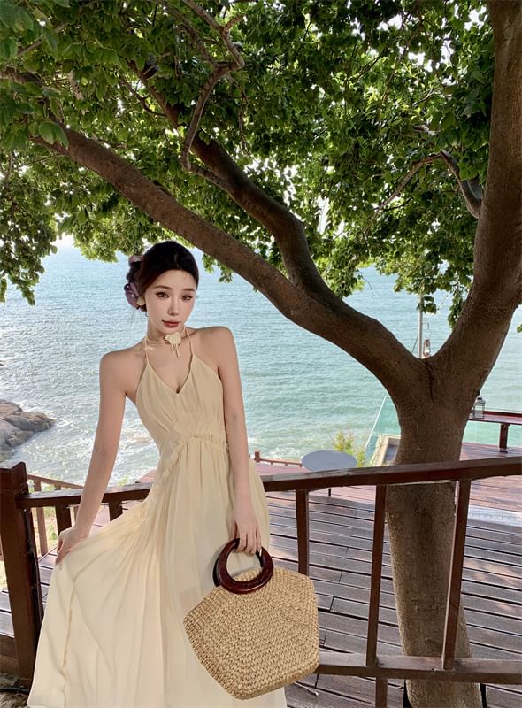 Plain Ruched A-Line Open Frill Maxi Back Dress Halter V-Neck Trim