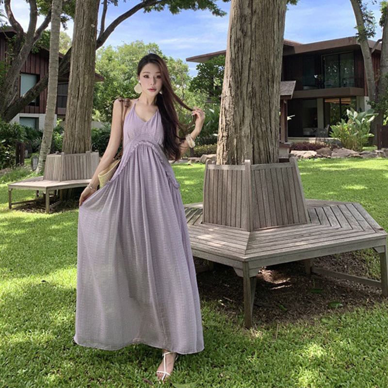 Back Trim V-Neck A-Line Halter Maxi Plain Dress Frill Open