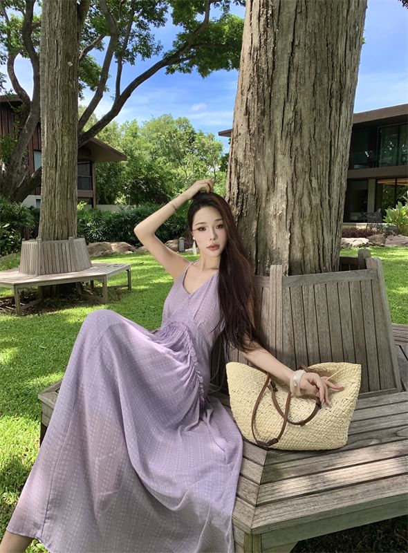 Back Trim V-Neck A-Line Halter Maxi Plain Dress Frill Open