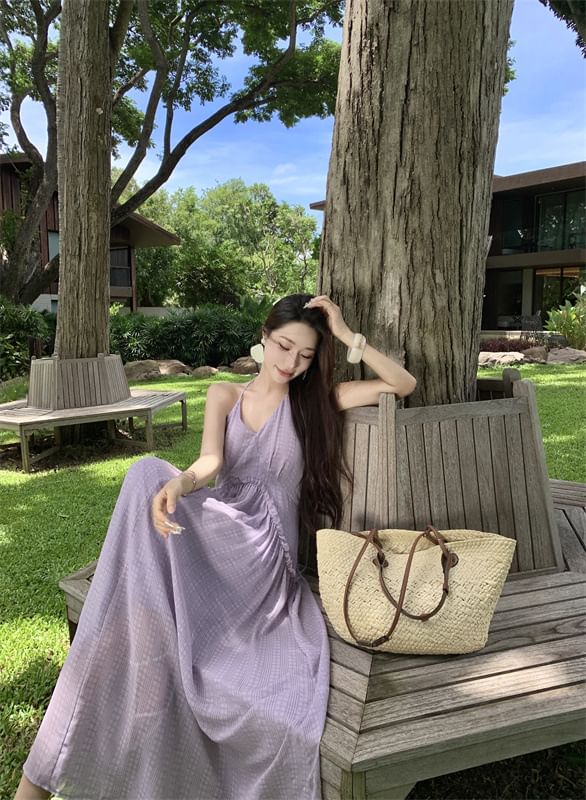 Back Trim V-Neck A-Line Halter Maxi Plain Dress Frill Open