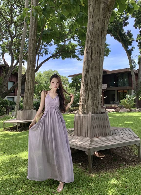 Back Trim V-Neck A-Line Halter Maxi Plain Dress Frill Open