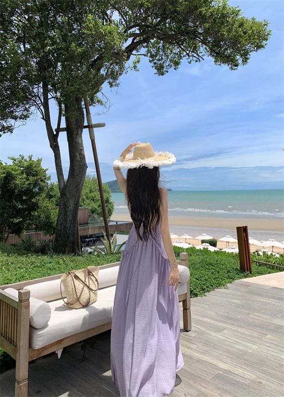 Back Trim V-Neck A-Line Halter Maxi Plain Dress Frill Open