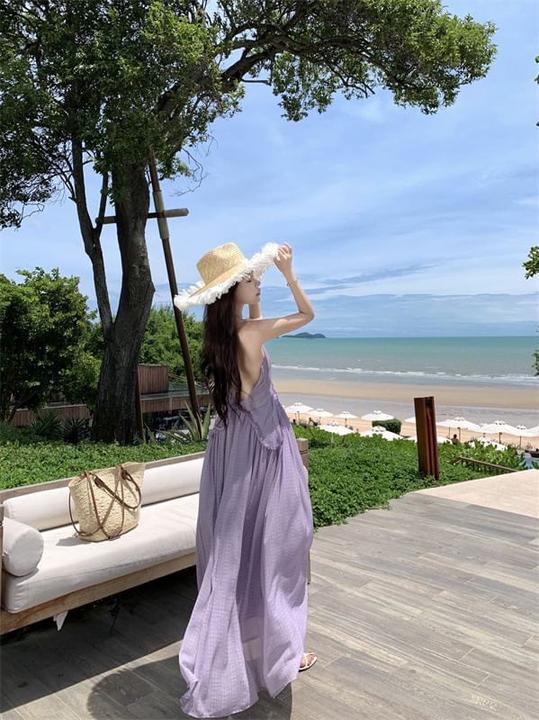 Back Trim V-Neck A-Line Halter Maxi Plain Dress Frill Open