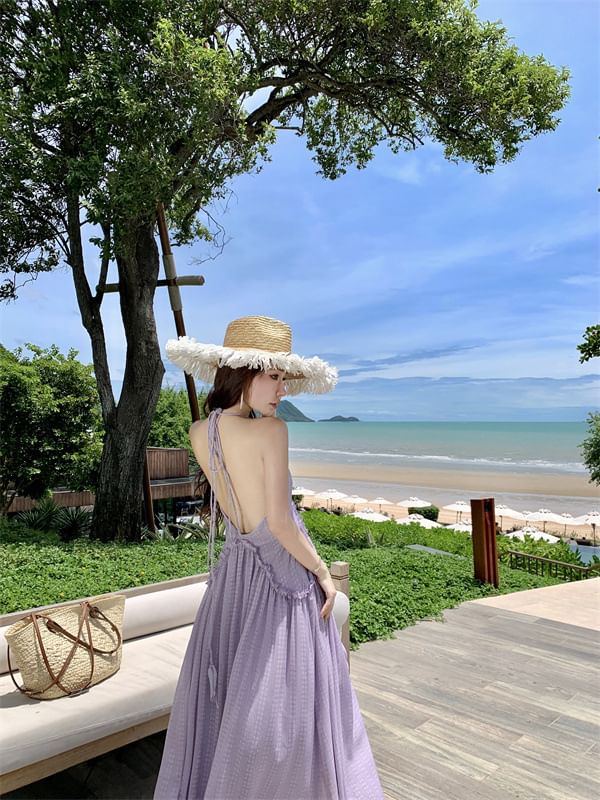 Back Trim V-Neck A-Line Halter Maxi Plain Dress Frill Open