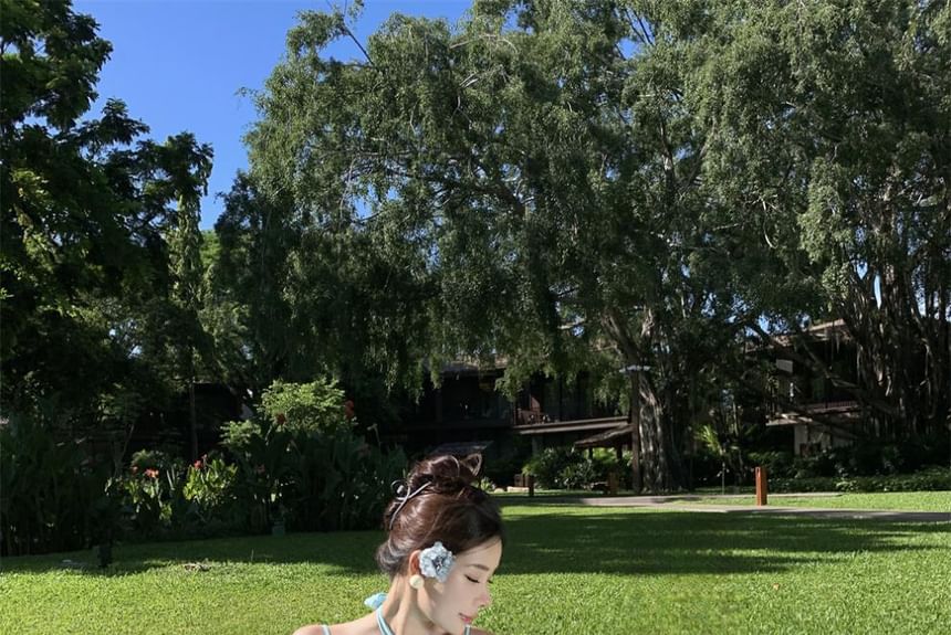 Ruched Back Dress Open Layered A-Line Floral Neck Maxi Accent Plain Halter