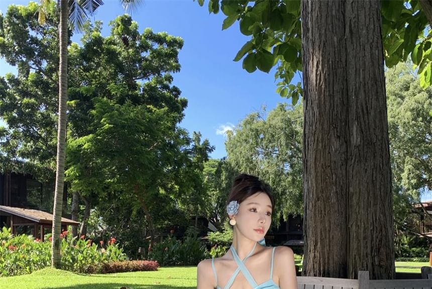 Ruched Back Dress Open Layered A-Line Floral Neck Maxi Accent Plain Halter