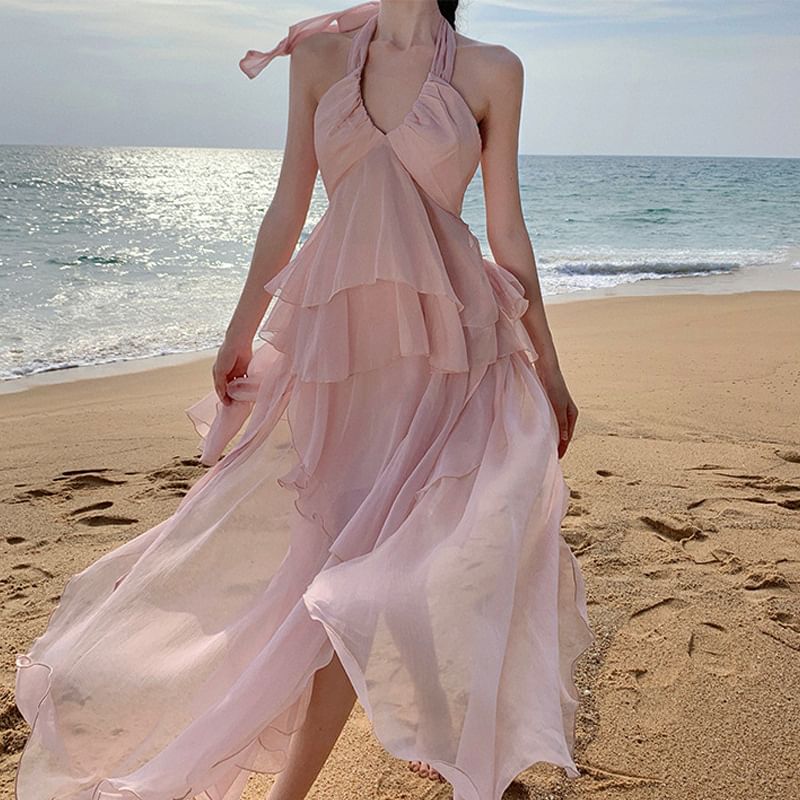 High Halter Asymmetrical Ruffle Back Set: Open Top Skirt A-Line V-Neck Rise Layered Plain +