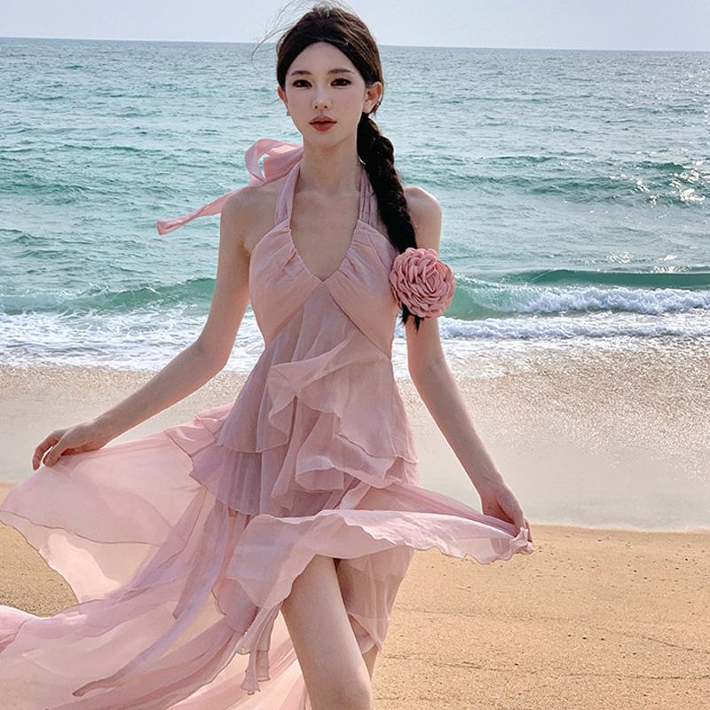 High Halter Asymmetrical Ruffle Back Set: Open Top Skirt A-Line V-Neck Rise Layered Plain +