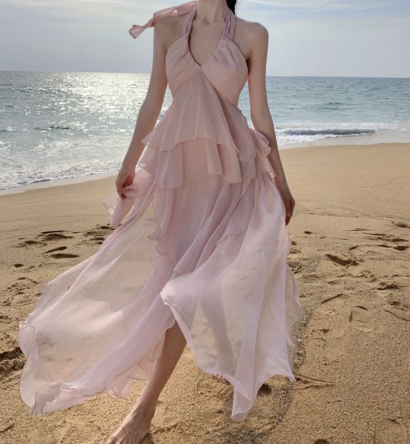 High Halter Asymmetrical Ruffle Back Set: Open Top Skirt A-Line V-Neck Rise Layered Plain +