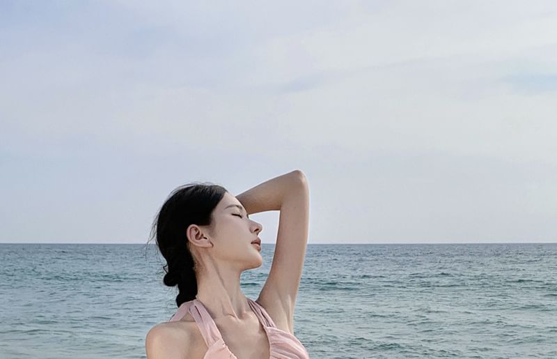 High Halter Asymmetrical Ruffle Back Set: Open Top Skirt A-Line V-Neck Rise Layered Plain +