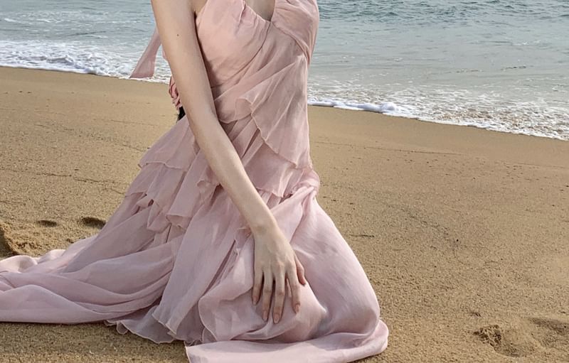 High Halter Asymmetrical Ruffle Back Set: Open Top Skirt A-Line V-Neck Rise Layered Plain +