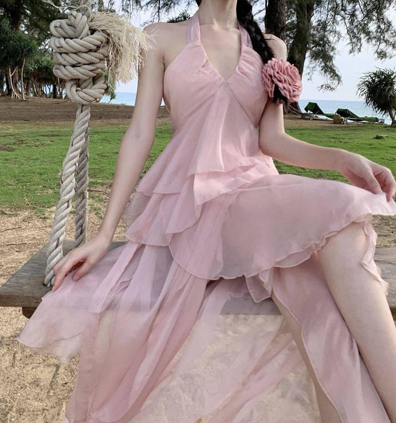 High Halter Asymmetrical Ruffle Back Set: Open Top Skirt A-Line V-Neck Rise Layered Plain +