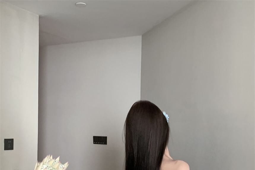 Accent Ruched Plain Long-Sleeve Bow Dress Tunic Off-Shoulder