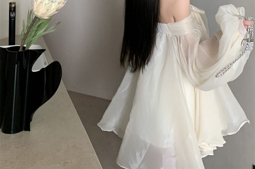 Accent Ruched Plain Long-Sleeve Bow Dress Tunic Off-Shoulder