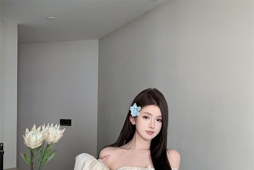 Accent Ruched Plain Long-Sleeve Bow Dress Tunic Off-Shoulder