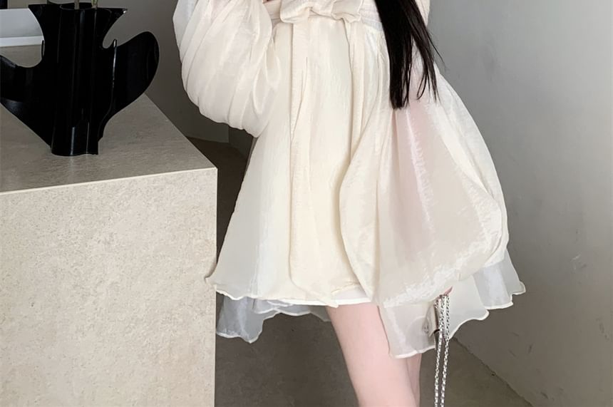 Accent Ruched Plain Long-Sleeve Bow Dress Tunic Off-Shoulder