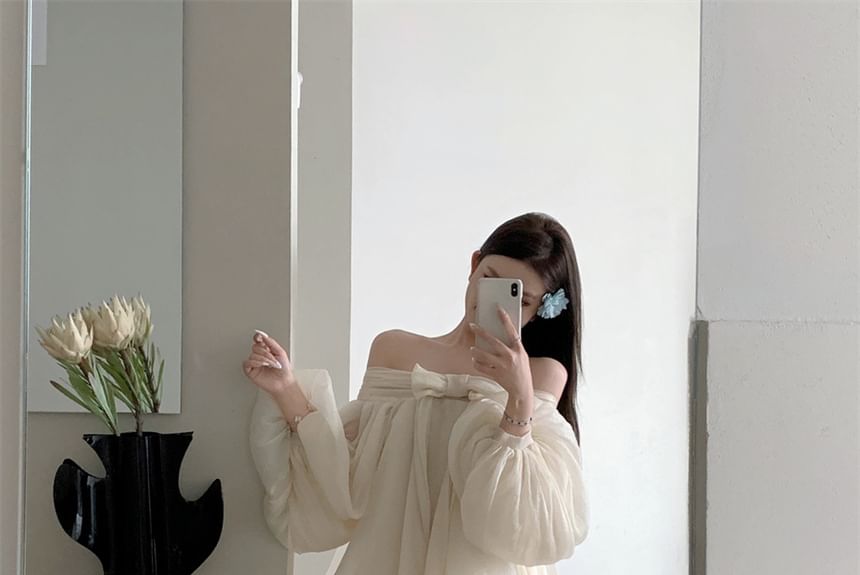 Accent Ruched Plain Long-Sleeve Bow Dress Tunic Off-Shoulder