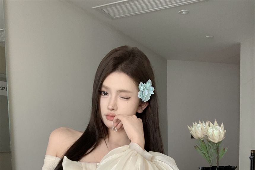 Accent Ruched Plain Long-Sleeve Bow Dress Tunic Off-Shoulder