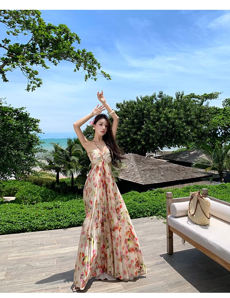 A-Line Cutout Maxi Halter Open Print Back Pleated Neck Dress Floral
