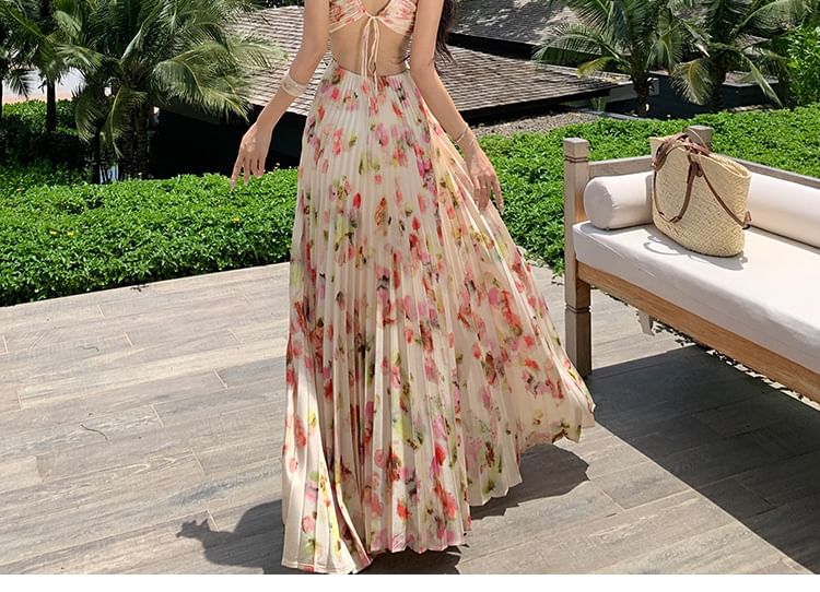 A-Line Cutout Maxi Halter Open Print Back Pleated Neck Dress Floral