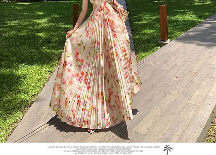 A-Line Cutout Maxi Halter Open Print Back Pleated Neck Dress Floral