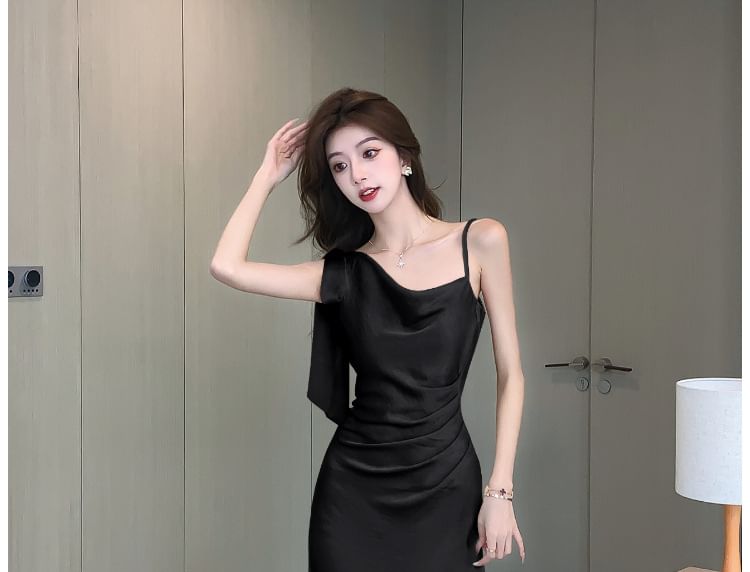 Cowl Neck Asymmetrical Ruched Sleeveless Mermaid Satin Plain Dress Midi