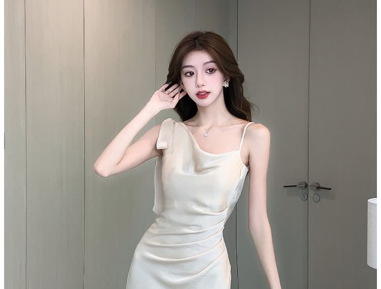 Cowl Neck Asymmetrical Ruched Sleeveless Mermaid Satin Plain Dress Midi