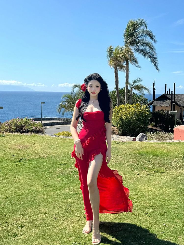 Sleeveless Slit Plain Neck Open Bodycon Trim Square Ruffle Back Maxi Dress