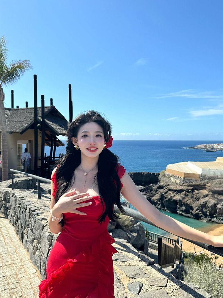 Sleeveless Slit Plain Neck Open Bodycon Trim Square Ruffle Back Maxi Dress