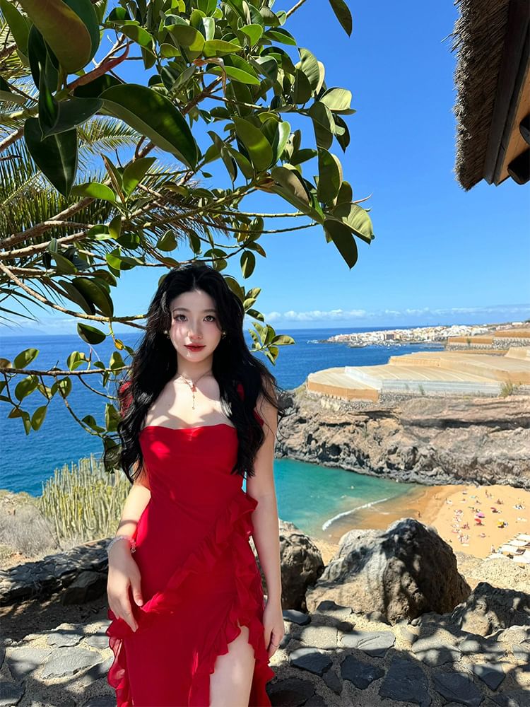 Sleeveless Slit Plain Neck Open Bodycon Trim Square Ruffle Back Maxi Dress