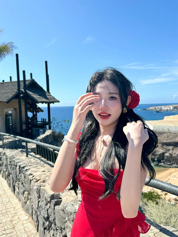 Sleeveless Slit Plain Neck Open Bodycon Trim Square Ruffle Back Maxi Dress